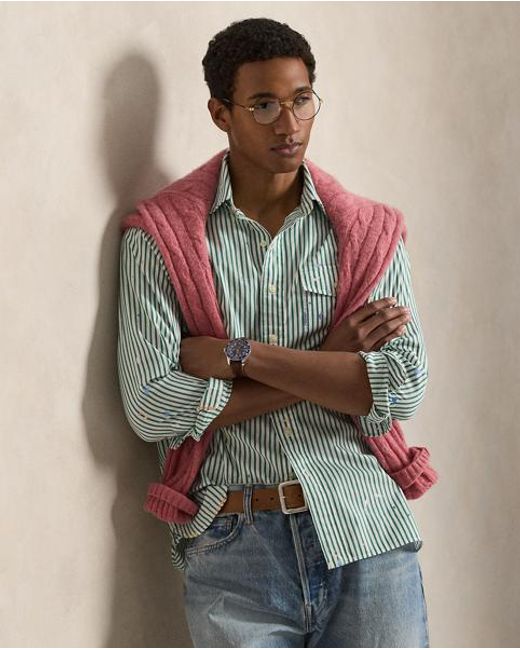 Polo Ralph Lauren Green Classic Fit Paint-Splatter Striped Shirt for men