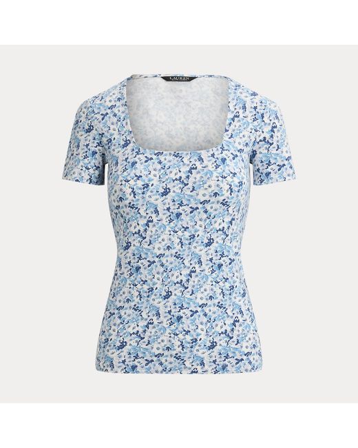Ralph Lauren Blue Floral Cotton Jersey Square-Neck Top