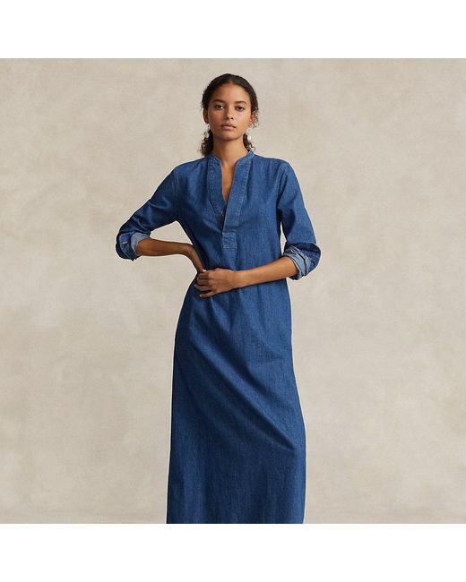 Polo Ralph Lauren Katoenen Keperstof Midi-jurk in het Blue
