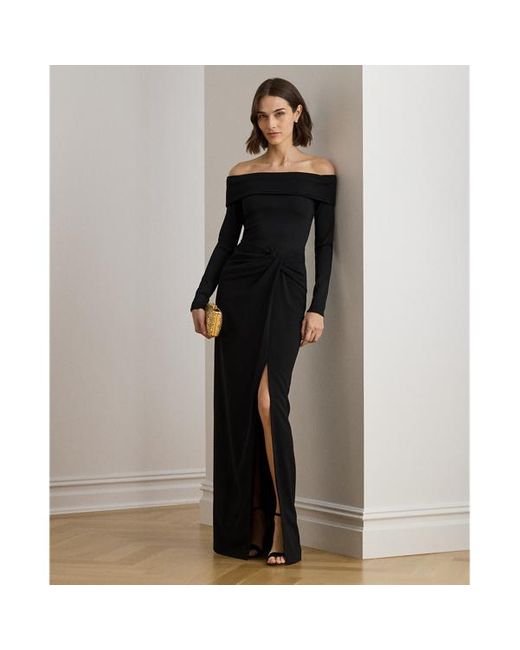 Abito lungo in crêpe a coste di Ralph Lauren in Black