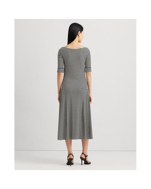 Lauren by Ralph Lauren Gray Striped Stretch Cotton Midi Dress