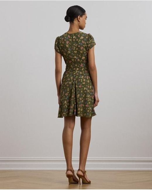 Ralph Lauren Green Geblümtes Kleid Aus Georgette Mit Gürtel