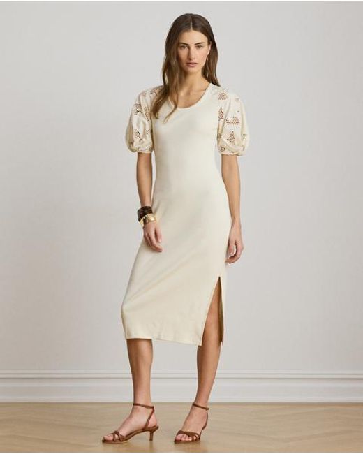 Ralph Lauren Natural Rib-Knit Cotton Eyelet-Puff-Sleeve Dress