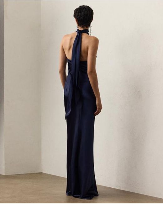 Ralph Lauren Blue Chilton Stretch Satin Evening Dress