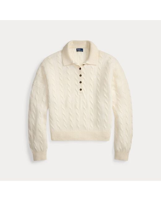 Polo Ralph Lauren White Cable Wool-Cashmere Polo-Collar Jumper