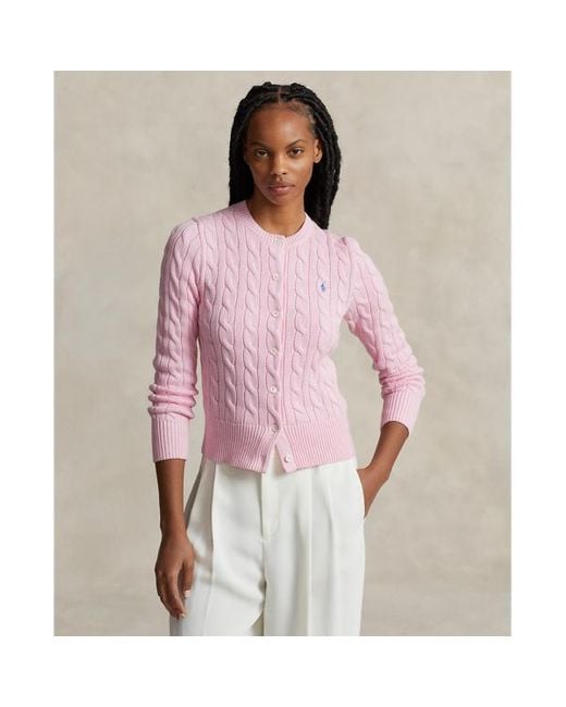 Polo Ralph Lauren Pink Cable-knit Cotton Crewneck Cardigan