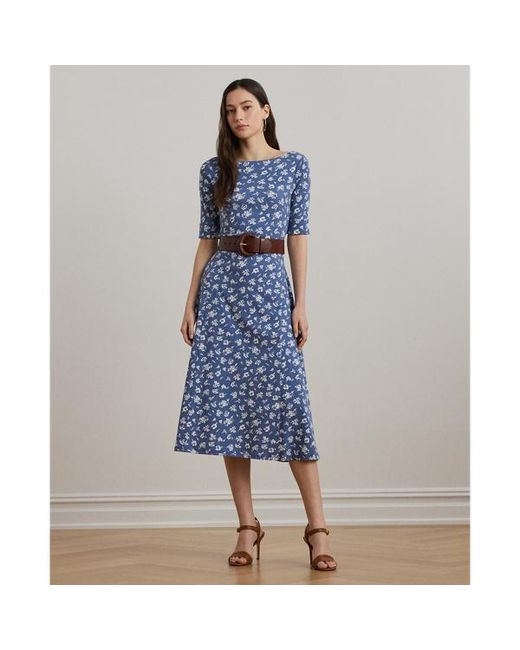 Ralph Lauren Blue Floral Stretch Cotton Midi Dress