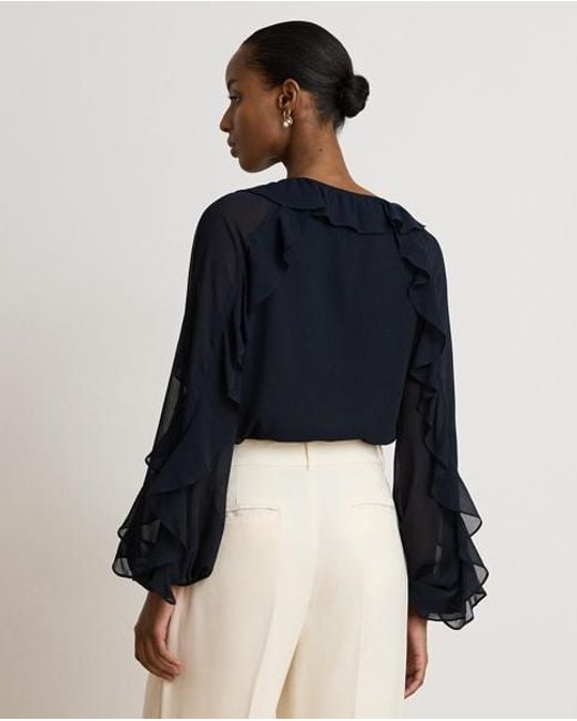 Ralph Lauren Blue Ruffle-Trim Crinkle Georgette Blouse