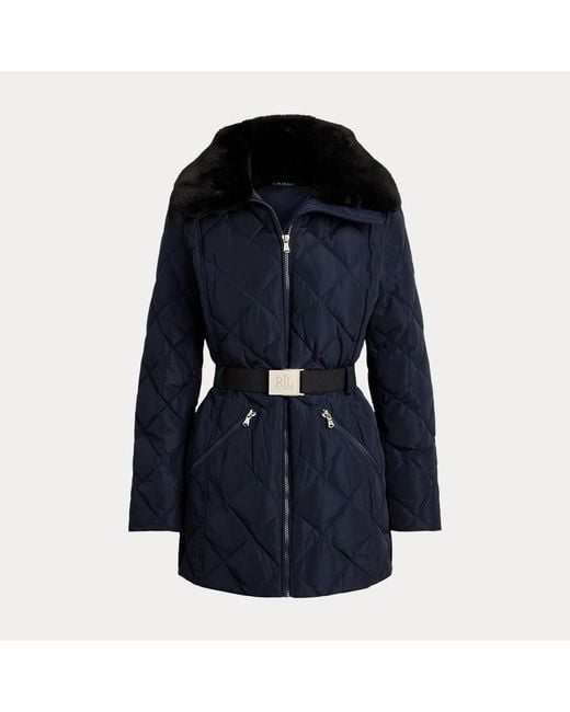 Ralph Lauren Blue Faux Fur-Trim Diamond-Quilted Down Coat