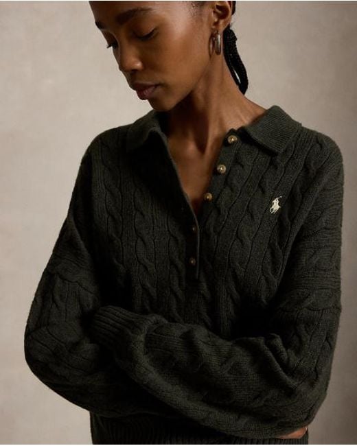 Polo Ralph Lauren Black Cable Wool-Cashmere Polo-Collar Jumper