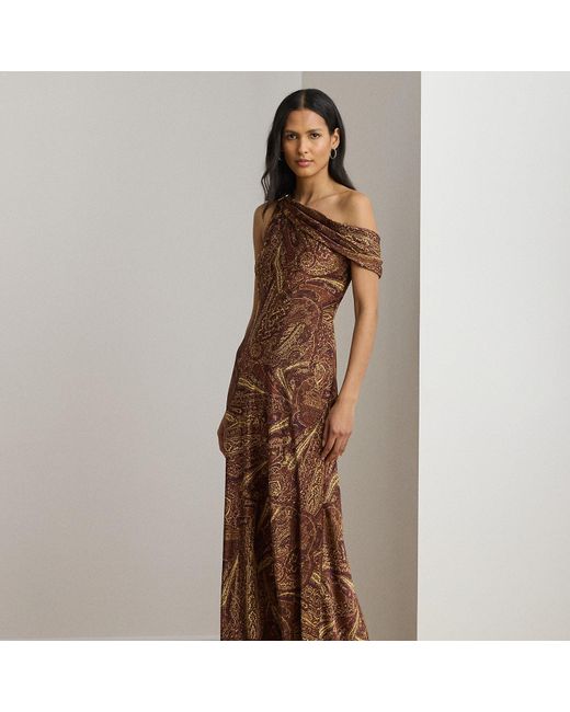 Ralph Lauren Brown Print Buckle-Trim Off-The-Shoulder Gown