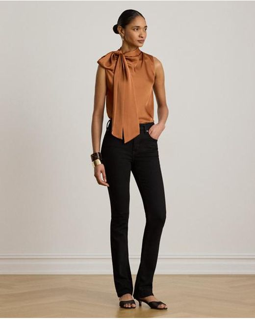 Ralph Lauren Brown Tie-Neck Charmeuse Sleeveless Blouse