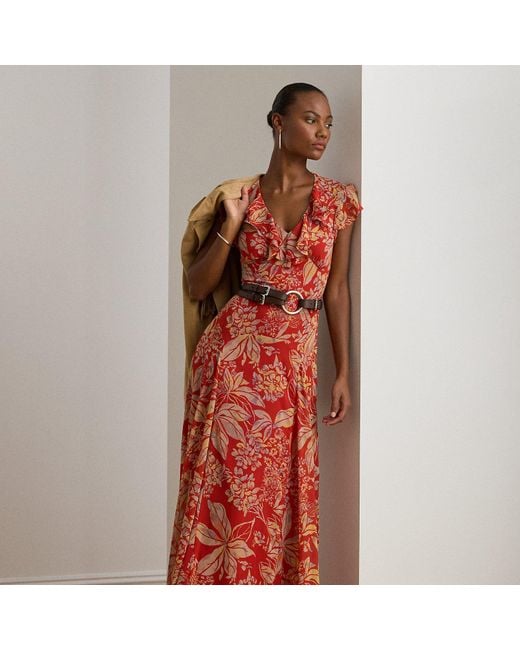 Ralph Lauren Red Floral Belted Crinkle Georgette Gown