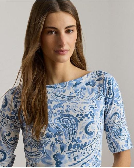 Ralph Lauren Blue Paisley Boatneck Cotton Midi Dress