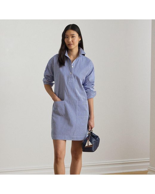Ralph Lauren Blue Striped Cotton Broadcloth Shirtdress