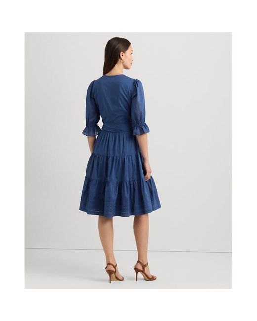 Lauren by Ralph Lauren Blue Ralph Lauren Tie-front Cotton Voile Surplice Dress