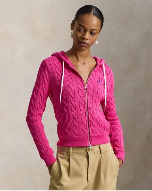 Polo Ralph Lauren Pink Cable-Knit Cotton Full-Zip Hoodie
