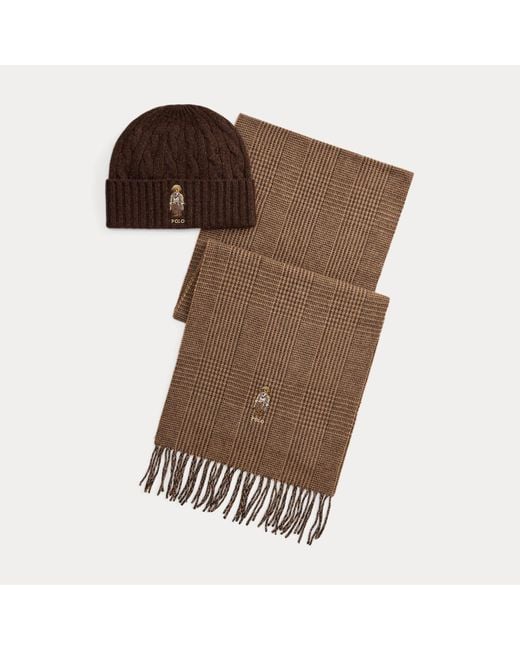 Ralph Lauren Brown Polo Bear Wool Beanie & Scarf Gift Set for men