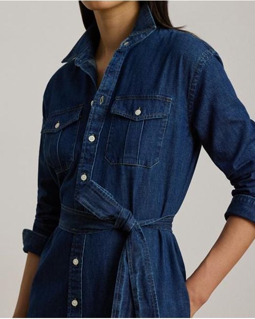 Ralph Lauren Blue Belted Denim Midi Shirtdress