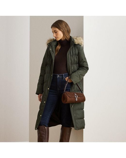 Ralph Lauren Green Faux Fur-Trim Hooded Down Coat