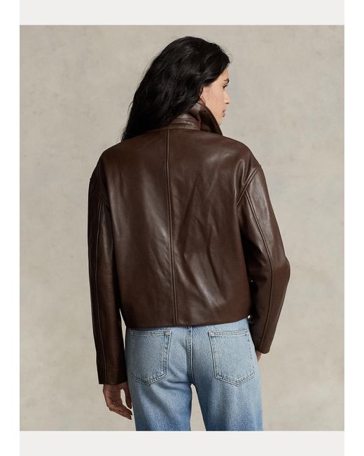 Polo Ralph Lauren Cropped Leather Bomber Jacket in Brown | Lyst UK