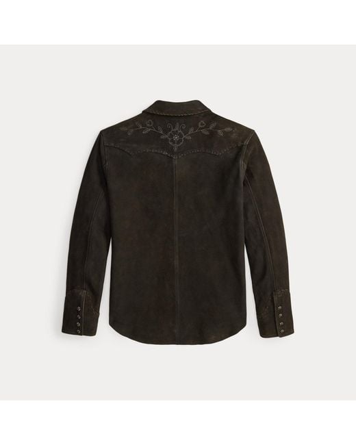 RRL Black Embroidered Suede Western Shirt for men