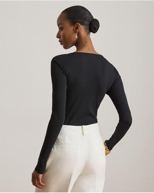 Ralph Lauren Black Long-Sleeved Scoopneck Rib-Knit Tee