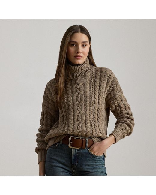 Ralph Lauren Women's Brown Ralph Lauren Cable-Knit Turtleneck Sweater