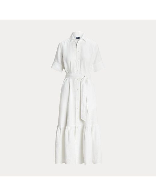 Polo Ralph Lauren White Gestuftes Hemdkleid aus Leinen