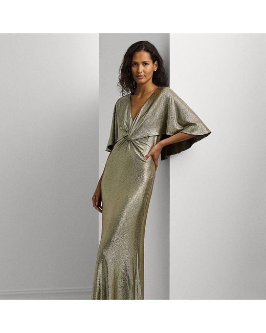 Ralph Lauren Green Metallic Knit Twist-Front Cape Gown