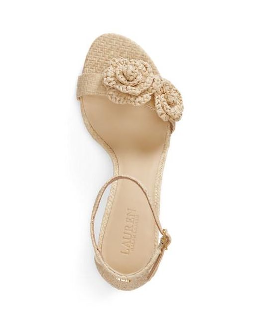 Ralph Lauren Metallic Allie Mid-Heel Floral-Trim Raffia Sandal