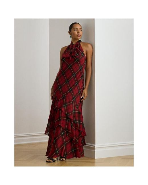 Ralph Lauren Ralph Lauren Plaid Georgette Tiered Tie-Neck Gown