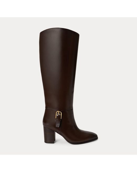 Ralph Lauren Brown Raelynn Glazed Leather Tall Boot Heel