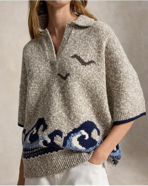 Polo Ralph Lauren Brown Wave-Motif Wool-Blend Jumper