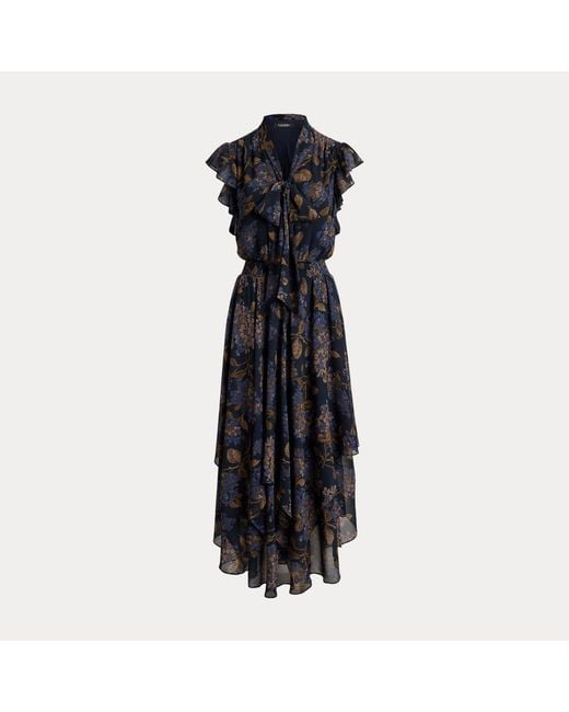 Ralph Lauren Black Floral Crinkle Georgette Tie-Neck Dress
