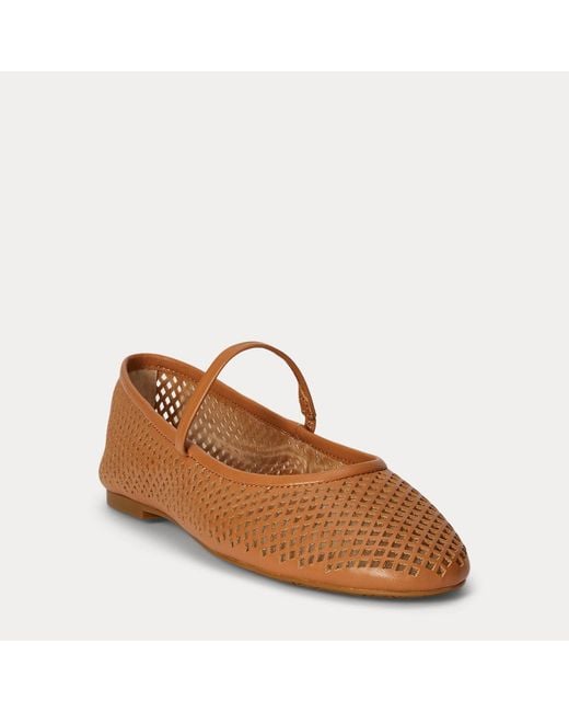 Ralph Lauren Brown Jayna Perforated Leather Mary Jane Flat