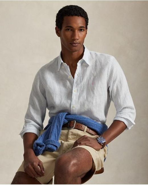 Polo Ralph Lauren White Slim Fit Striped Linen Shirt for men