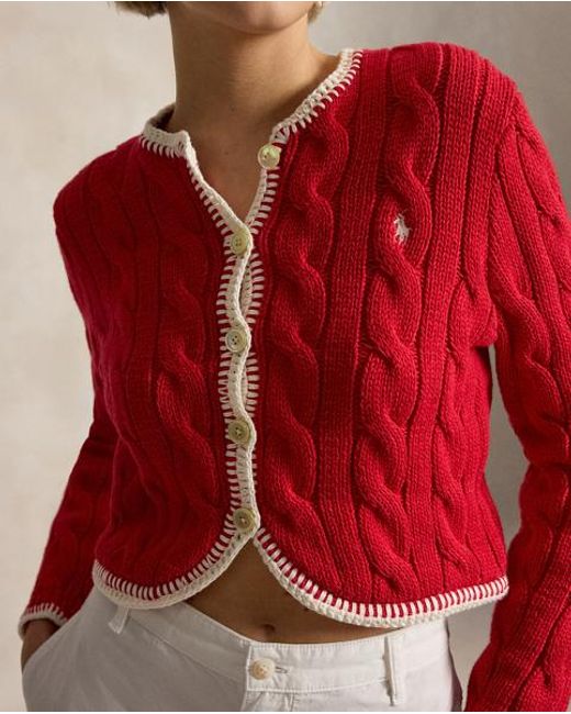 Polo Ralph Lauren Red Cable-Knit Cropped Cardigan