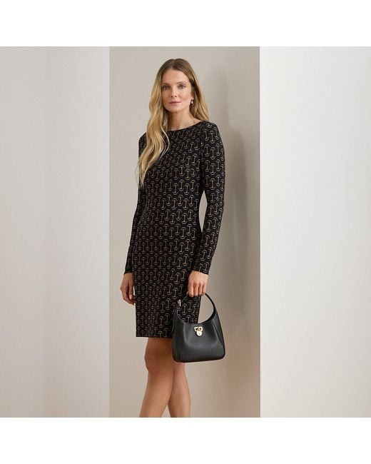 Ralph Lauren Black Geo-Print Stretch Jersey Boatneck Dress