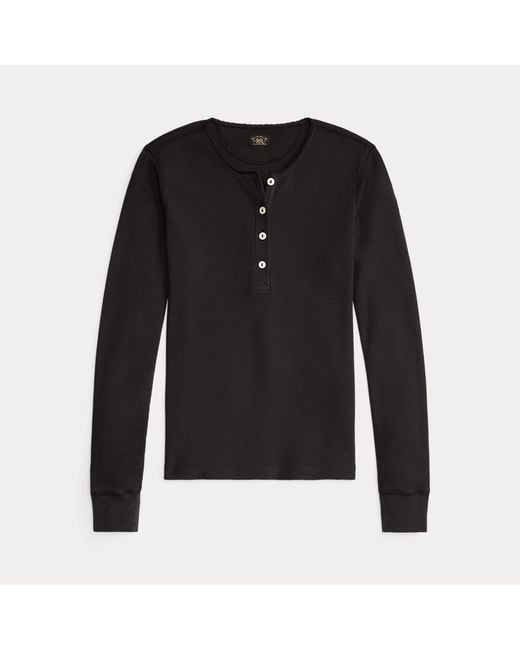 RRL Black Stretch Waffle-Knit Henley Shirt