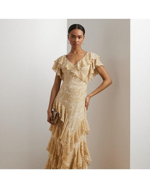 Ralph Lauren Brown Ralph Lauren Floral Ruffle-Trim Georgette Gown
