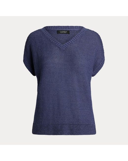 Petite - Maglia in misto lino con scollo a V di Ralph Lauren in Blue