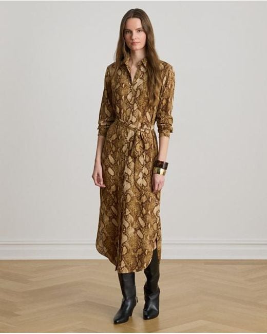 Ralph Lauren Brown Georgette-Hemdkleid Mit Pythonmuster