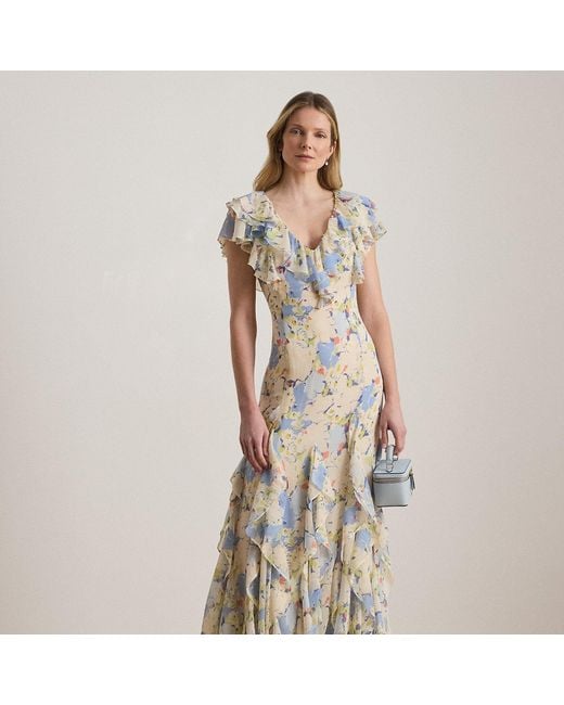 Ralph Lauren White Floral Ruffle-Trim Georgette Gown