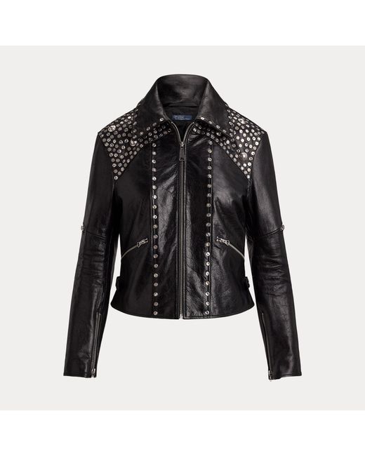 Polo Ralph Lauren Black Studded Leather Moto Jacket