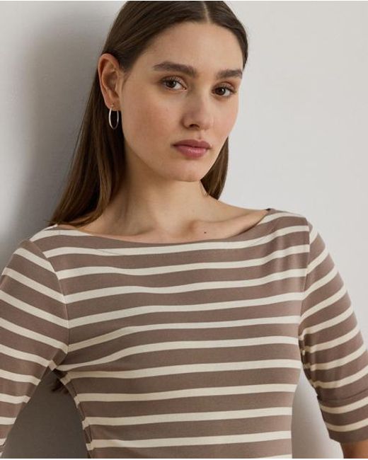 Ralph Lauren Gestreepte Stretchkatoenen Midi-Jurk in het Natural