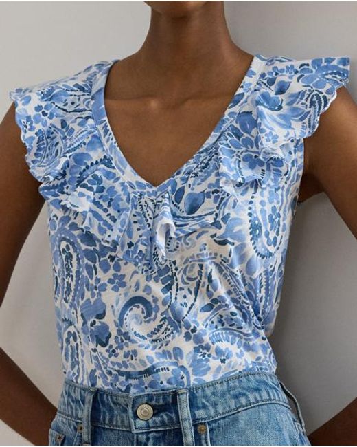 Ralph Lauren Blue Paisley Ruffle-Trim Slub Sleeveless Top