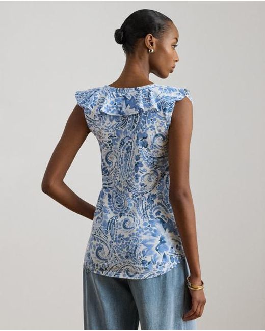 Ralph Lauren Blue Paisley Ruffle-Trim Slub Sleeveless Top