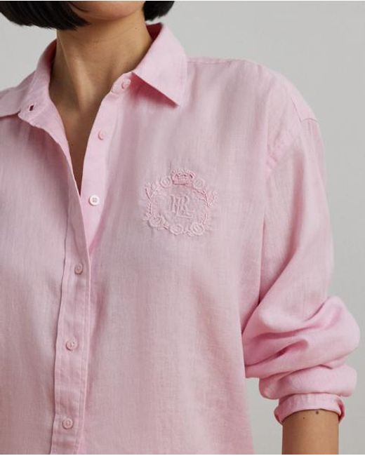 Camisa Oversize De Lino Con Logotipo Ralph Lauren de color Pink