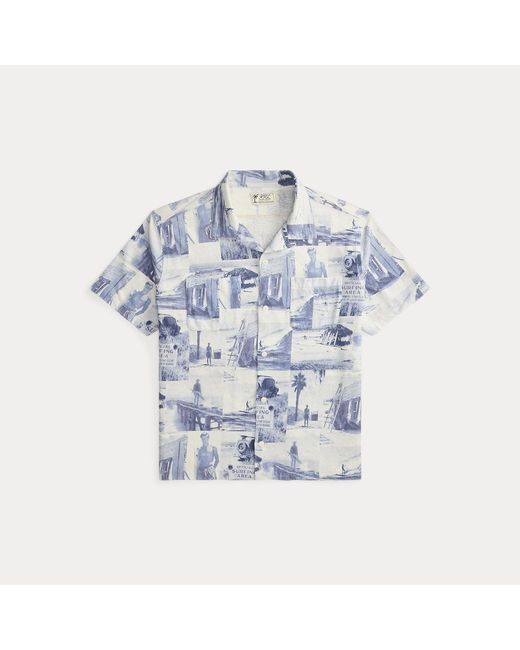 RRL Blue Photo-Print Linen-Cotton Camp Shirt for men